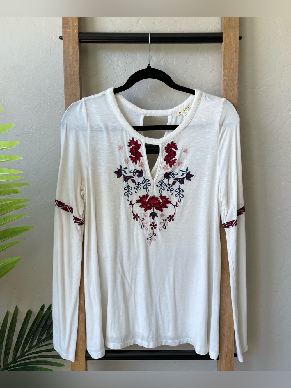 Miami White Long Sleeve Top with Red Floral Embroidery